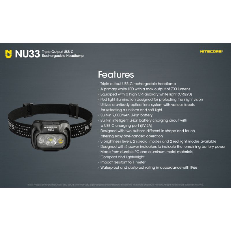 Nitecore NU33 USB-C oppladbar hodelykt 700LM lys hodelykt for utendørs eventyr holdbar vanntett campingutstyr