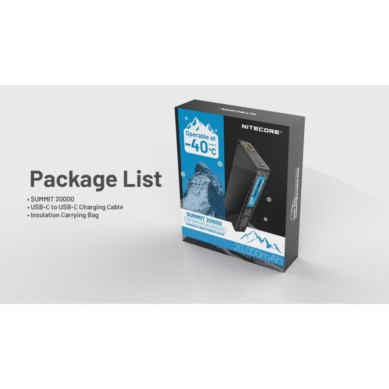 Nitecore Summit 20000 Powerbank Nødlader for ekstrem kulde | Oppladbart batteri med varme | 20000mAh QC PD USB-C | Utendørs friluftsliv og eventyr