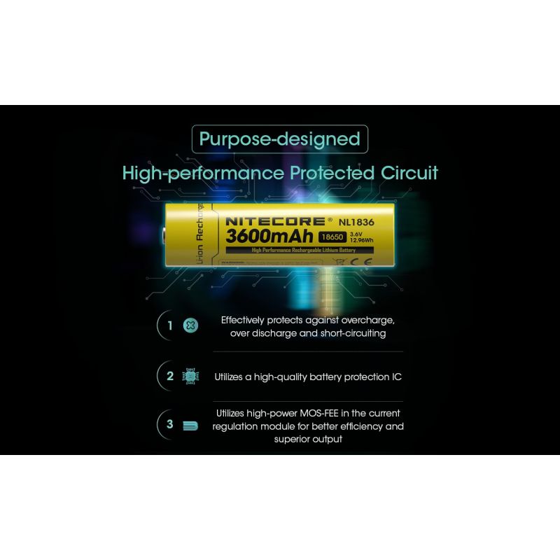 Nitecore NL1836 18650 Li-ion 3600mAh oppladbart batteri | Høykapasitet trykkavlastningsventil