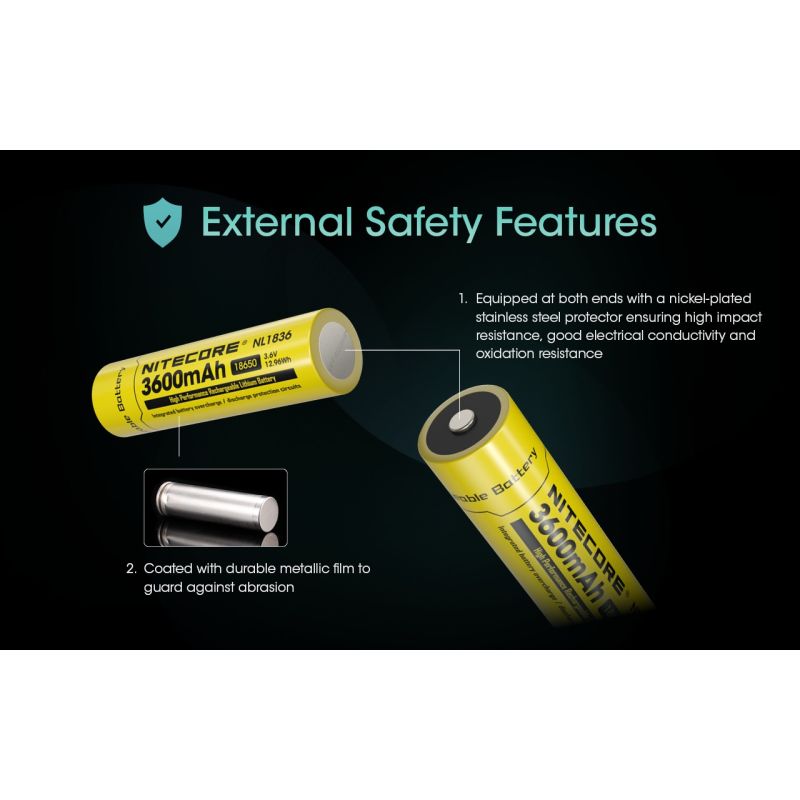 Nitecore NL1836 18650 Li-ion 3600mAh oppladbart batteri | Høykapasitet trykkavlastningsventil
