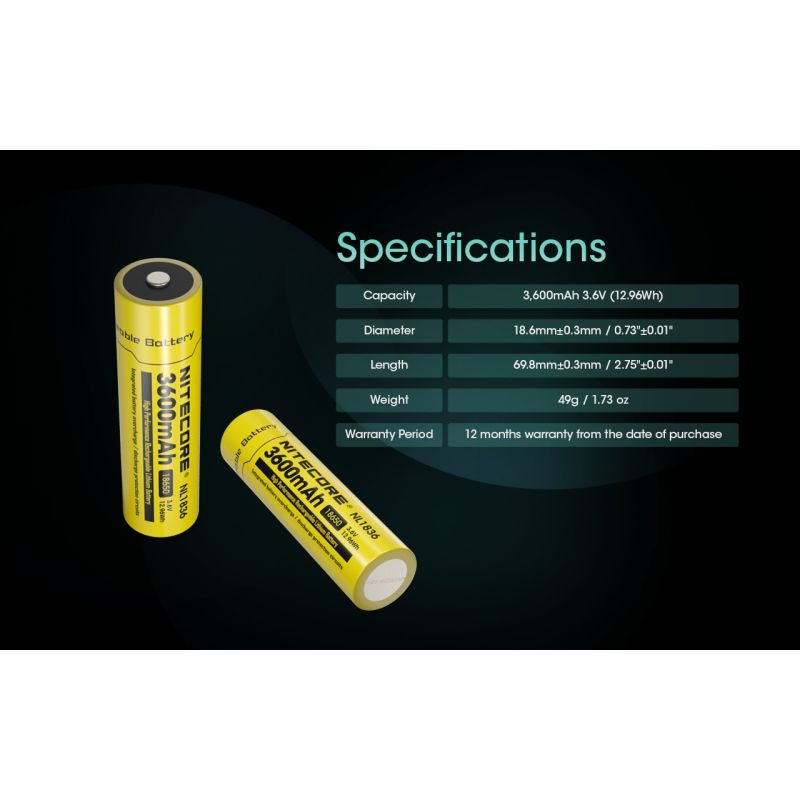 Nitecore NL1836 18650 Li-ion 3600mAh oppladbart batteri | Høykapasitet trykkavlastningsventil