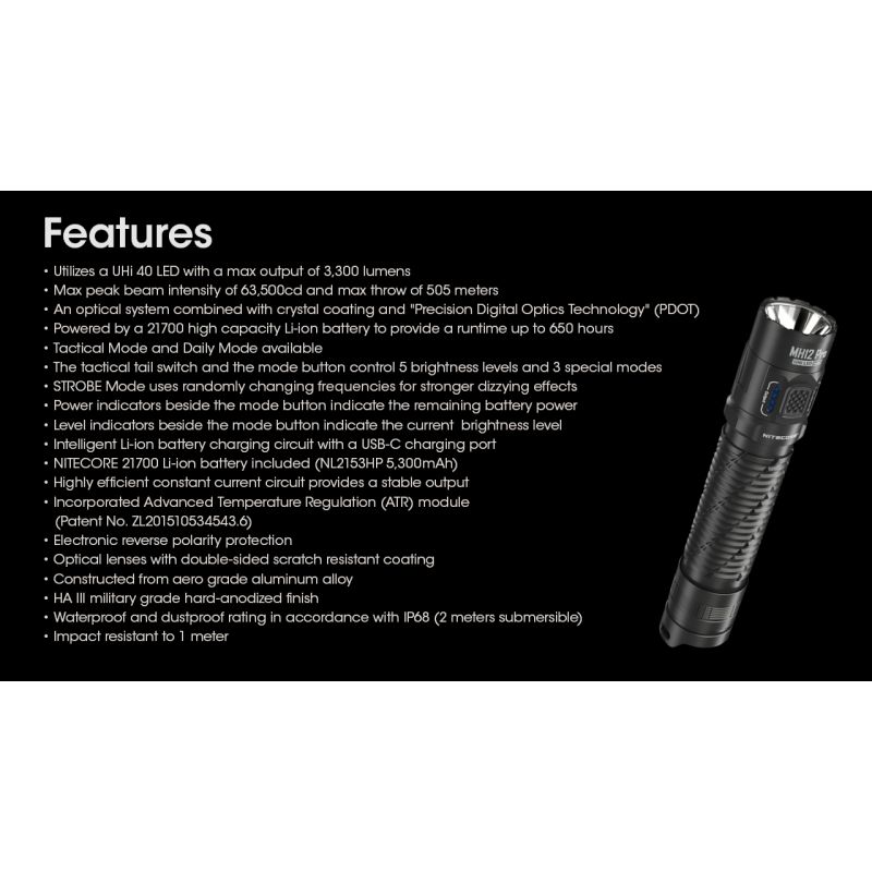 Nitecore MH12 Pro LED-lommelykt 3300 lumen USB-C oppladbar for utendørseventyr natturer og nødsituasjoner