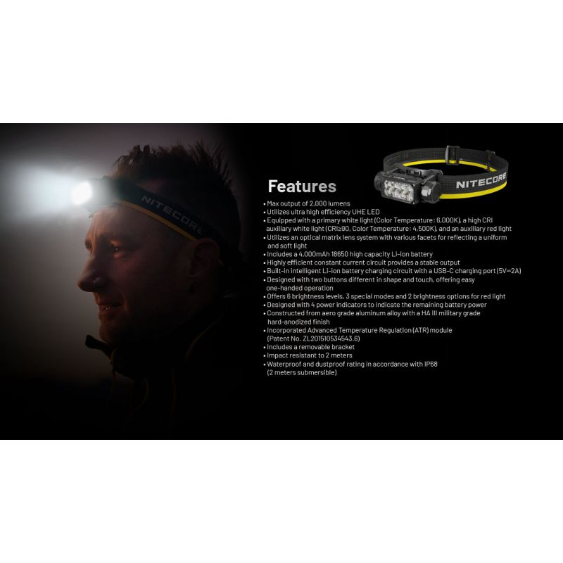 NITECORE HC65 UHE LED-hodelykt 2000 lumen USB-C oppladbar lettvektsdesign for camping fotturer fjellklatring