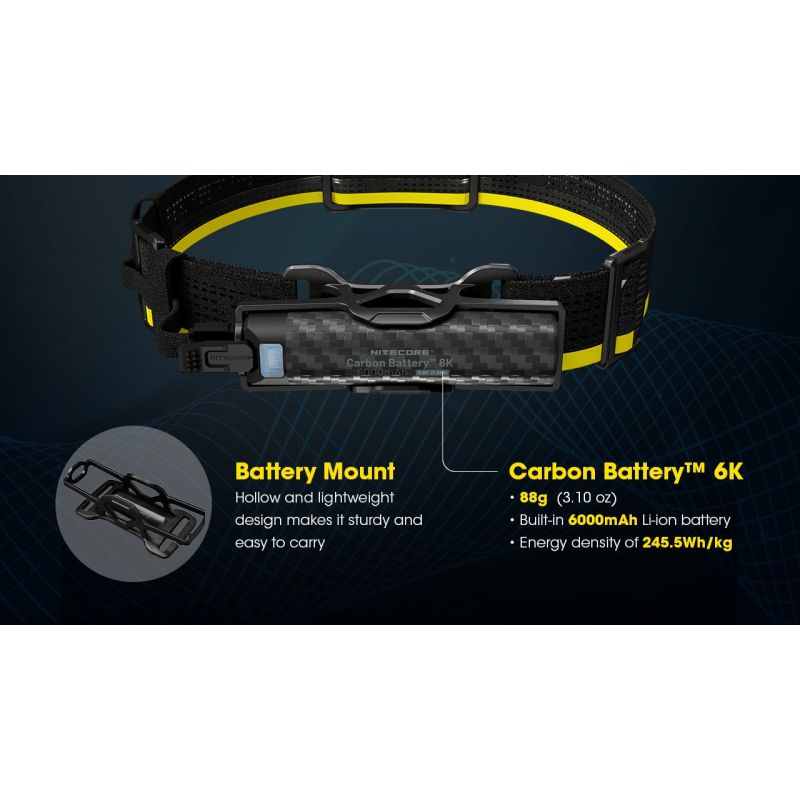 Nitecore Carbon Battery 6K Kit | Driftstidsforlenger for Hodelykt | 6000mAh IP68 til Nitecore NU40-NU50/HC65 UHE Tur