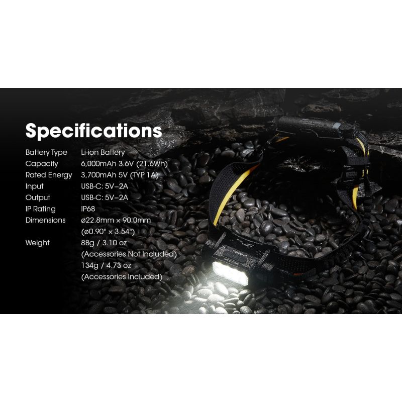 Nitecore Carbon Battery 6K Kit | Driftstidsforlenger for Hodelykt | 6000mAh IP68 til Nitecore NU40-NU50/HC65 UHE Tur