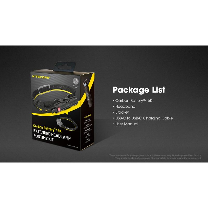 Nitecore Carbon Battery 6K Kit | Driftstidsforlenger for Hodelykt | 6000mAh IP68 til Nitecore NU40-NU50/HC65 UHE Tur