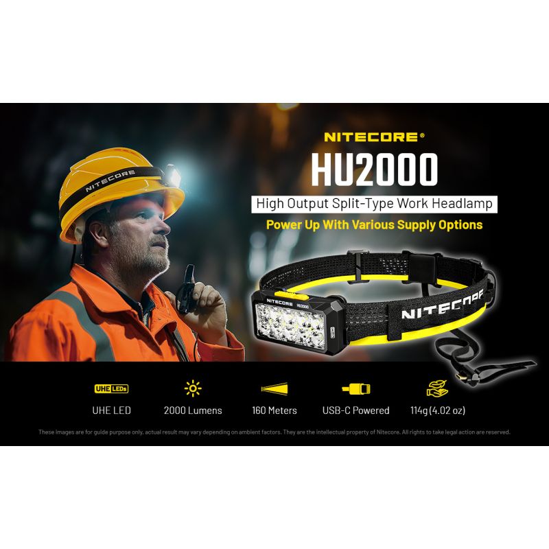 NITECORE HU2000 LED hodelykt USB-C oppladbar 2000 lumen for profesjonell bruk med 160 meter stråleavstand