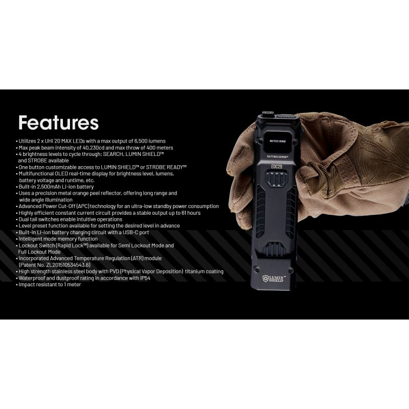 NITECORE EDC29 6500 lumen USB-C oppladbar lommelykt med lang rekkevidde og justerbare lysstyrkenivåer