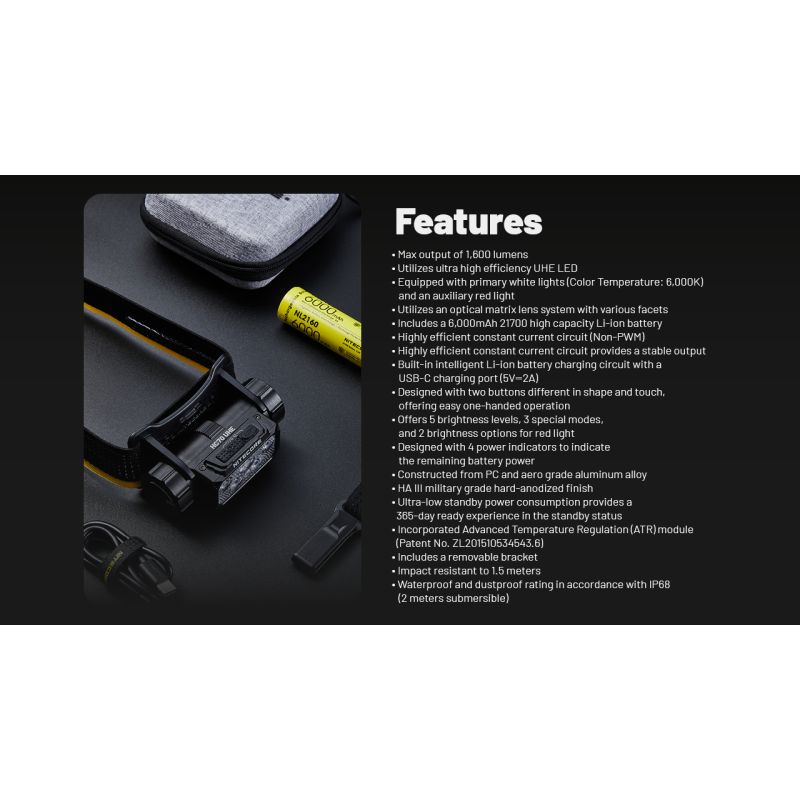 NITECORE HC70 UHE USB-C oppladbar hodelykt 1600 lumen for utendørsbelysning og turer med slitesterkt design
