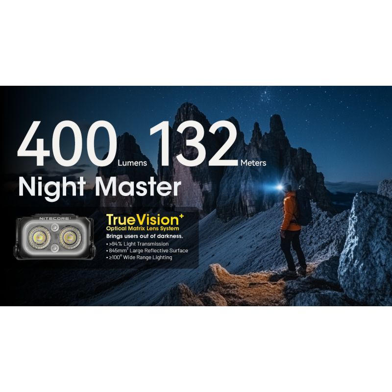 NITECORE NU25 MCT oppladbar LED hodelykt 400 lumen USB-C lading lettvekts turutstyr for friluftsentusiaster