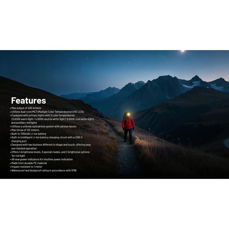 NITECORE NU25 MCT oppladbar LED hodelykt 400 lumen USB-C lading lettvekts turutstyr for friluftsentusiaster