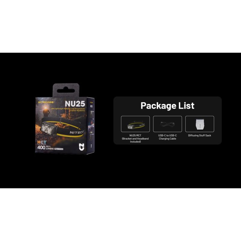 NITECORE NU25 MCT oppladbar LED hodelykt 400 lumen USB-C lading lettvekts turutstyr for friluftsentusiaster