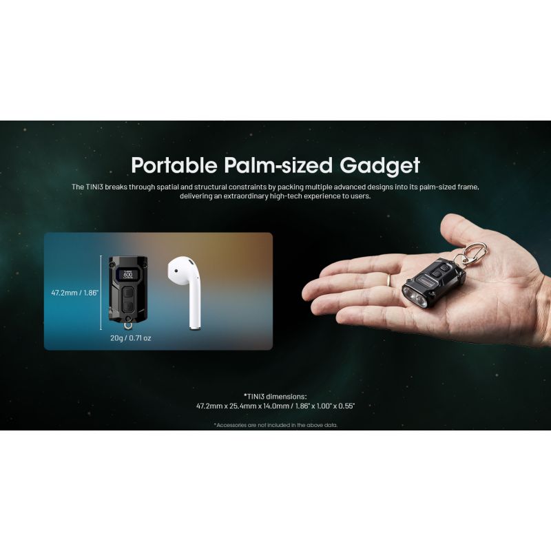 NITECORE TINI3 600 Lumen Nøkkelringlys Mini EDC Lommelykt for Hverdagsbruk Oppladbar og Kompakt Design