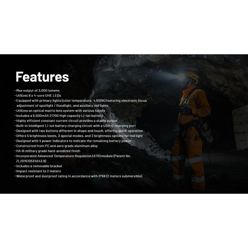 Nitecore HC75 3000 Lumen hodelykt USB-C oppladbar zoombar lang batteritid jakt nattcamping fottur