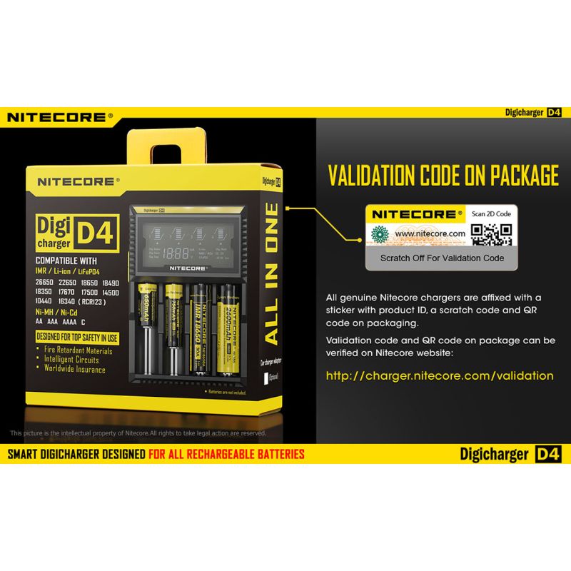 Nitecore D4 Digicharger batterilader med LCD skjerm Li-Ion 18650 Ni-MH sikkerhet og effektivitet retur mulig