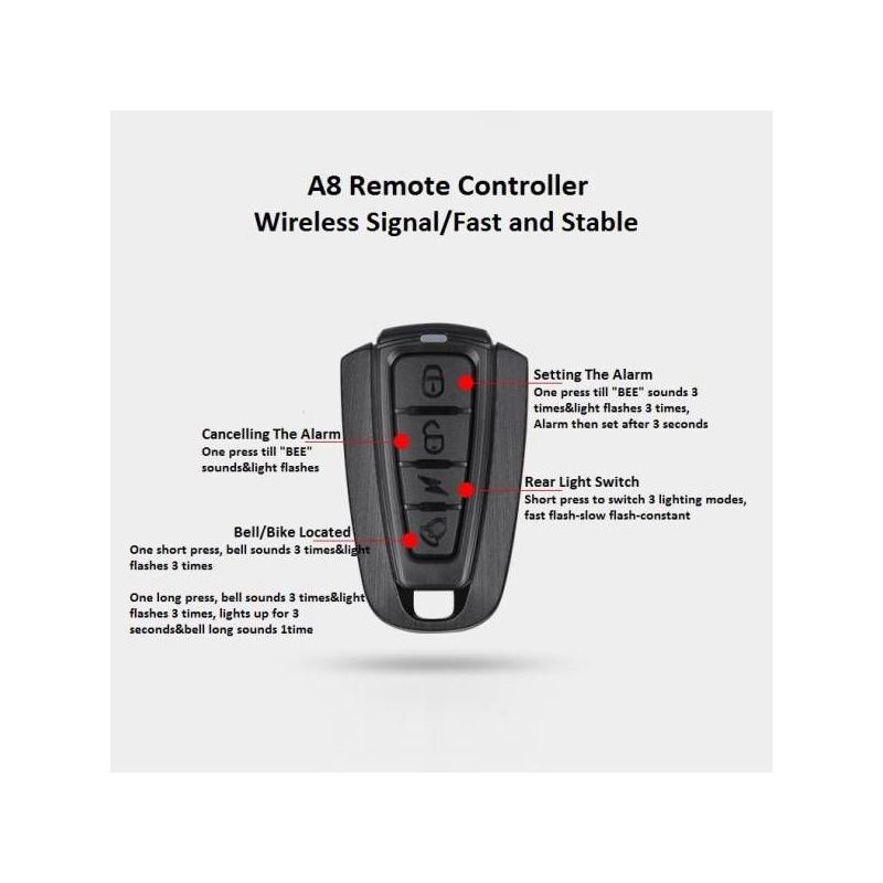 ANTUSI A8 landeveissykkel tyverialarm synlighet bekvemmelighet fjernkontroll sykkelsikkerhet LED baklys 700mAh
