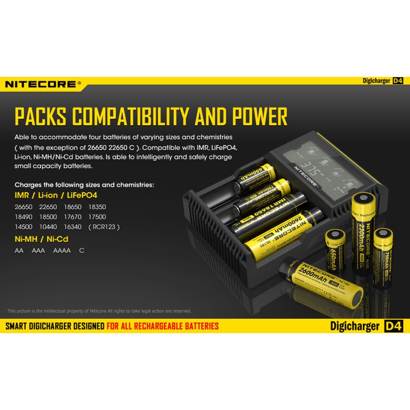 Nitecore D4 Digicharger batterilader med LCD skjerm Li-Ion 18650 Ni-MH sikkerhet og effektivitet retur mulig