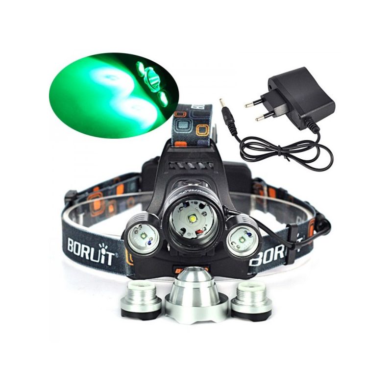 Boruit RJ-3000 LED-hodelykt 1000 lumen vanntett eventyrutstyr T6 hvitt lys XPE R5 grønt lys for camping