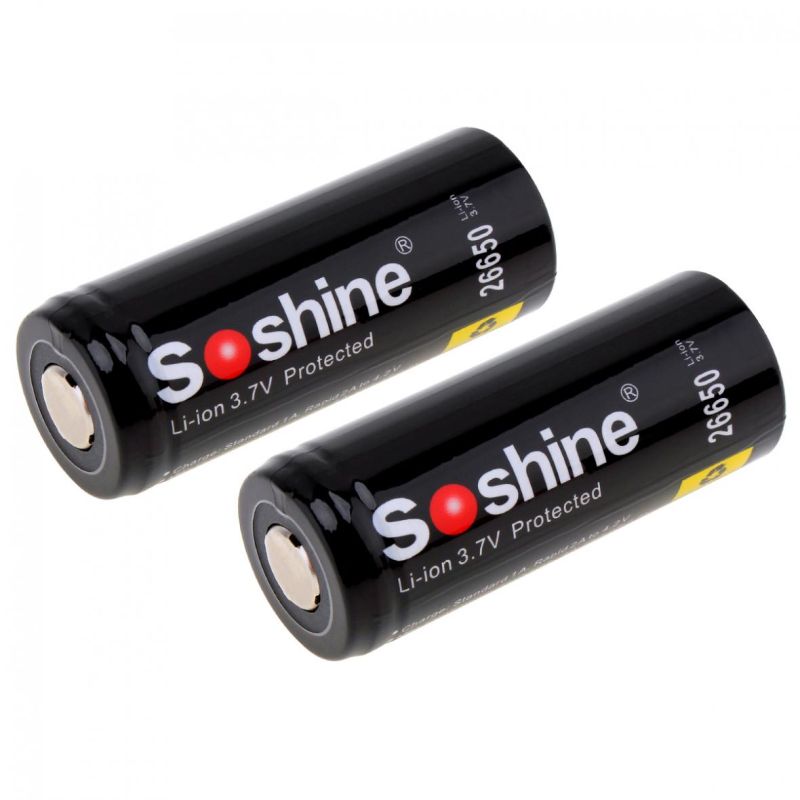 Soshine 26650 5500mAh Li-ion oppladbart batteri 3.7V 2 pakke for lommelykter med PCB beskyttelse