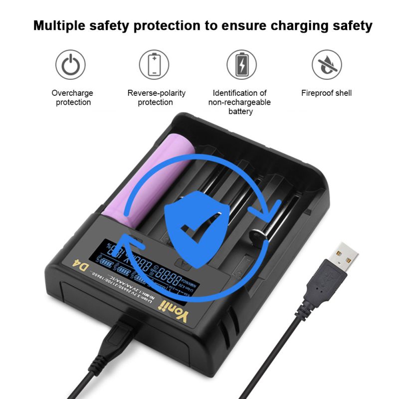 YONII D4 Batterilader: Intelligent 4-spor LCD USB-lader for 18650, 21700, AA/AAA, Ni-MH!