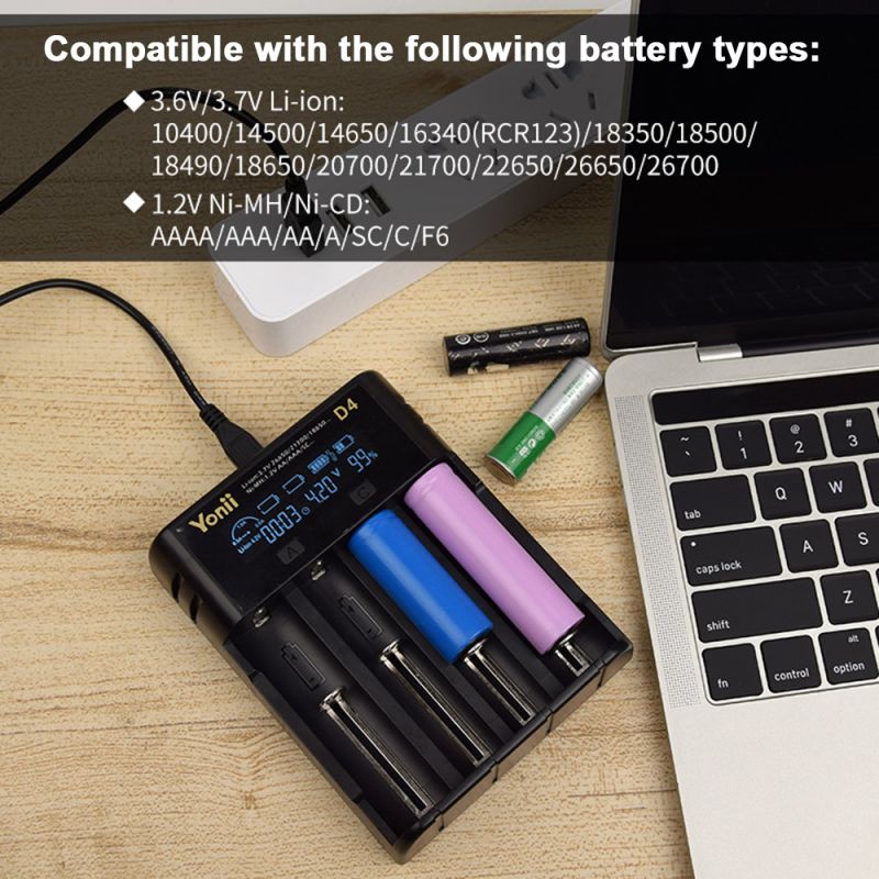 YONII D4 Batterilader: Intelligent 4-spor LCD USB-lader for 18650, 21700, AA/AAA, Ni-MH!
