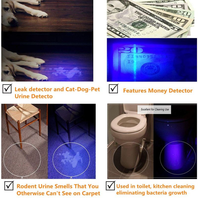 Ultrafire WF-502B.2 UV lommelykt med ultrafiolett teknologi for kjæledyrflekk deteksjon og enkeltmodus operasjon