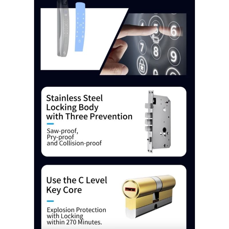 Smart dørlås med 3D ansiktsgjenkjenning sikkerhetskamera og biometrisk passord for moderne bekvemmelighet