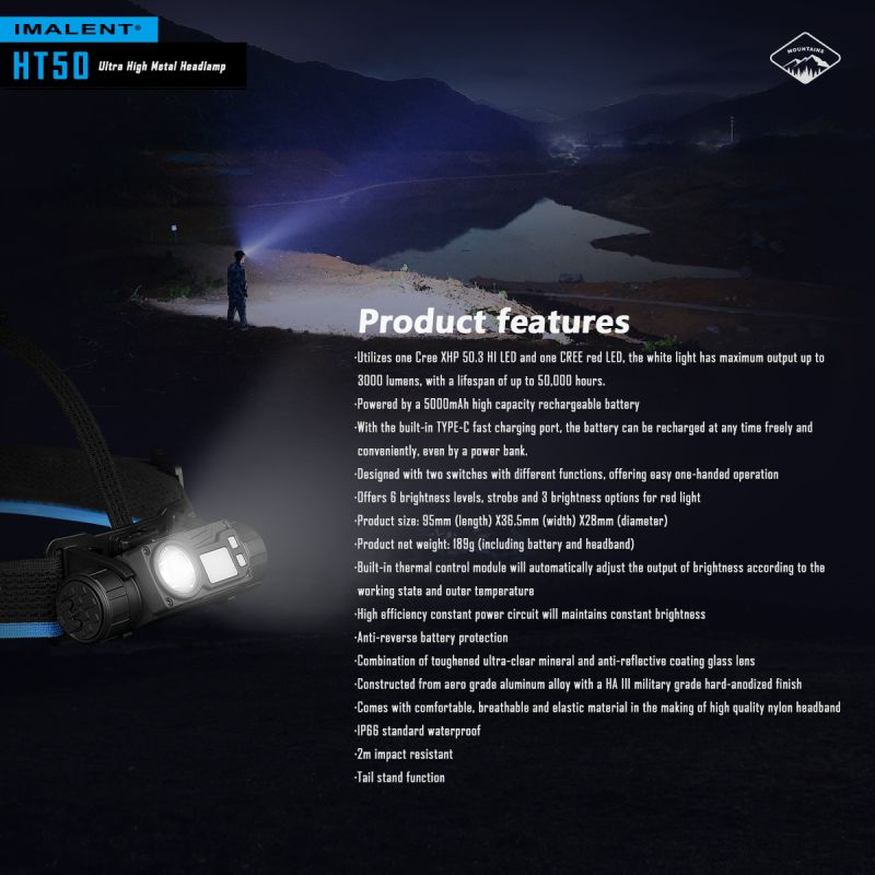 IMALENT HT50 LED-hodelykt med to lyskilder og 3000 lumen kraftig og vanntett for utendørs eventyr