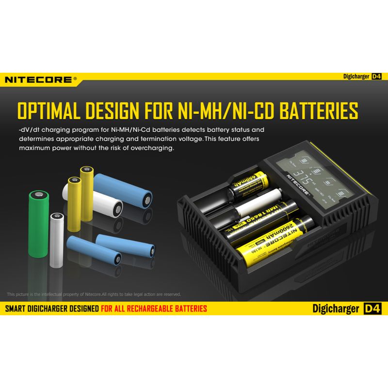 Nitecore D4 Digicharger batterilader med LCD skjerm Li-Ion 18650 Ni-MH sikkerhet og effektivitet retur mulig