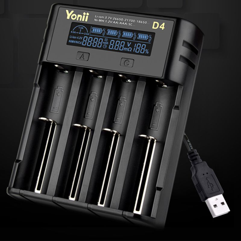 YONII D4 Batterilader: Intelligent 4-spor LCD USB-lader for 18650, 21700, AA/AAA, Ni-MH!