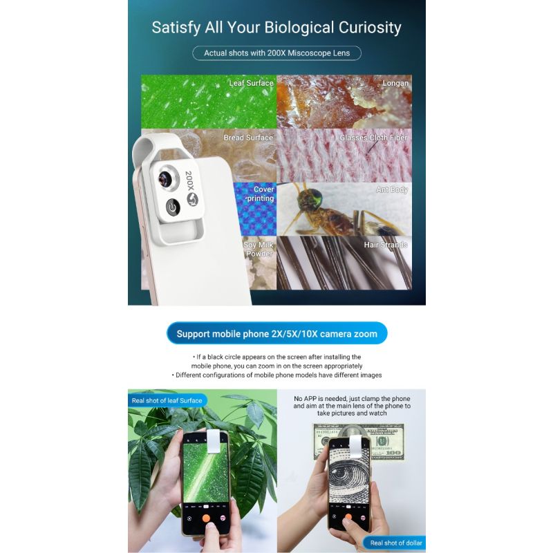 APEXEL 200X mikroskoplinse CPL LED lys for iPhone Samsung høyoppløselig mobilfotografi bærbart lettvekt