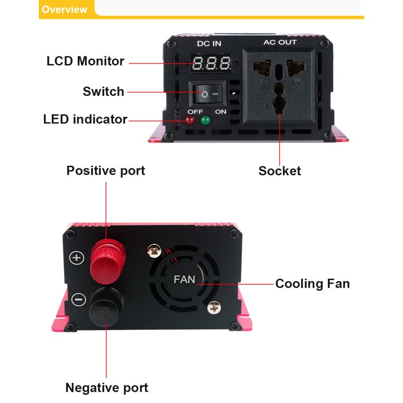 Pure Sine Wave Inverter 3000W med Aluminium Magnesium Skall Høy Effektivitet for Husholdningsapparater Camping