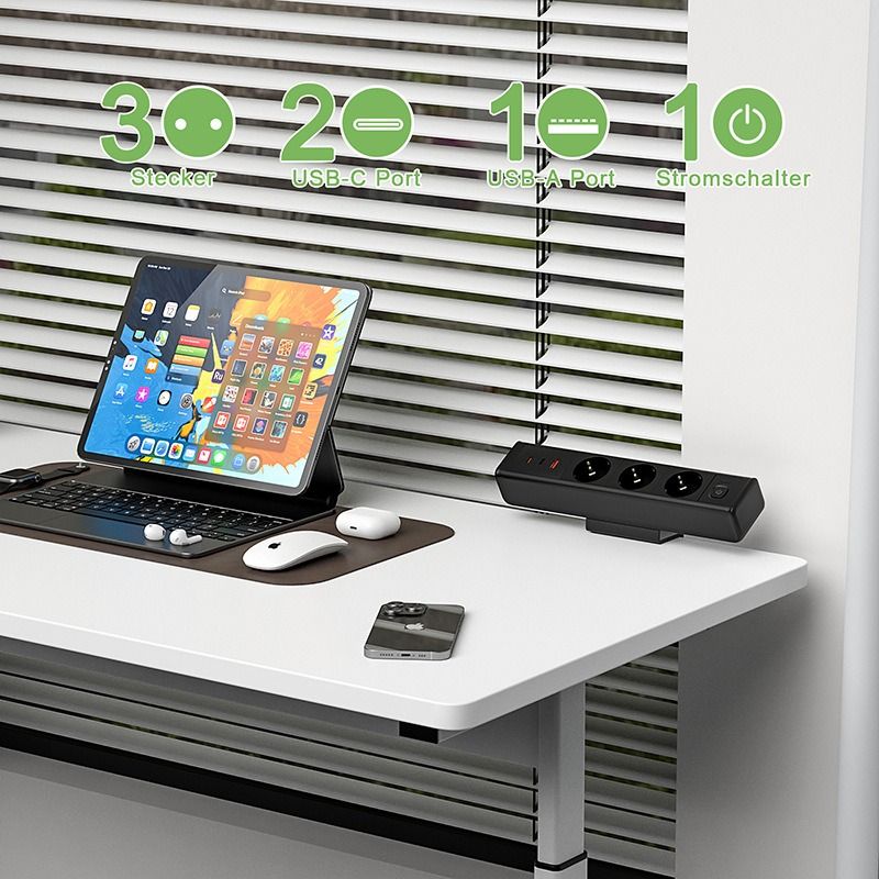 Skrivebordstrømskinne med bordklemme og hurtiglading! USB-C/A, EU-standard m/overbelastningsvern for kontormøbler
