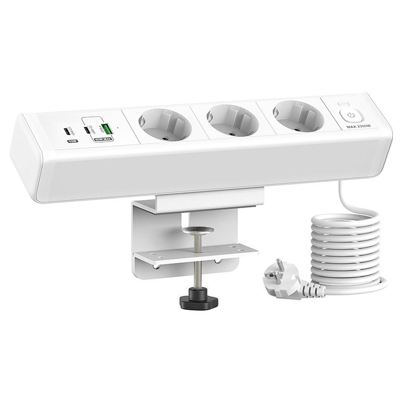 Skrivebordstrømskinne med bordklemme og hurtiglading! USB-C/A, EU-standard m/overbelastningsvern for kontormøbler