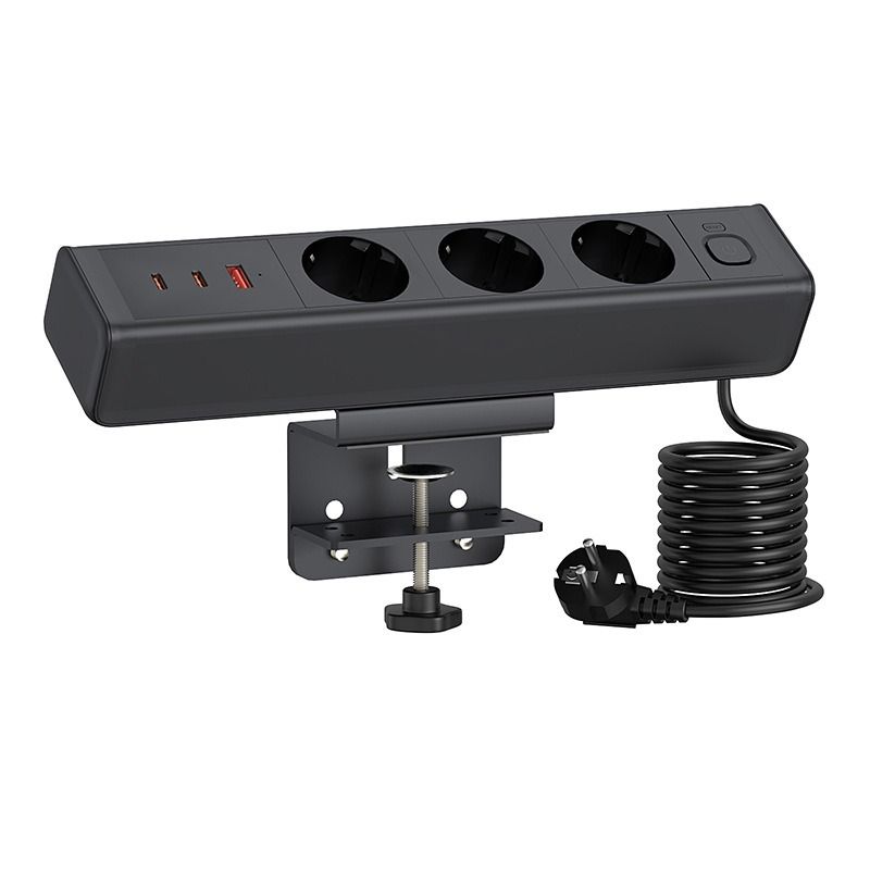 Skrivebordstrømskinne med bordklemme og hurtiglading! USB-C/A, EU-standard m/overbelastningsvern for kontormøbler