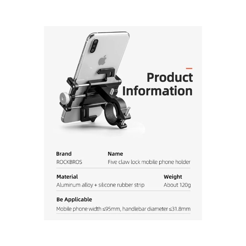 ROCKBROS telefonholder motorsykkel CNC aluminiumslegering fem klør justerbar sklisikre silikongrep stabil