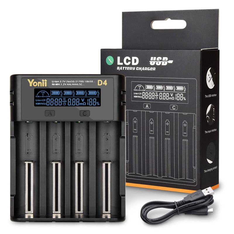 YONII D4 Batterilader: Intelligent 4-spor LCD USB-lader for 18650, 21700, AA/AAA, Ni-MH!