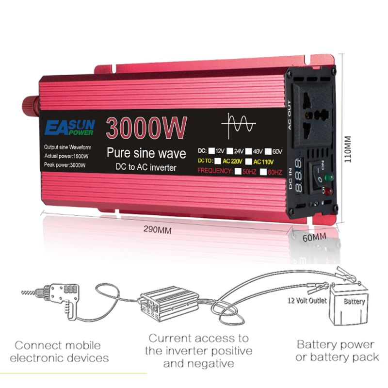 Pure Sine Wave Inverter 3000W med Aluminium Magnesium Skall Høy Effektivitet for Husholdningsapparater Camping