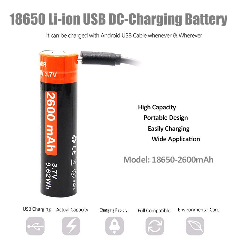 18650 2600mAh 3.7V oppladbart Li-ion batteri med Micro USB høy energitetthet for elektroniske enheter