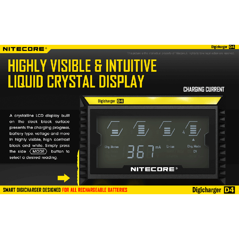 Nitecore D4 Digicharger batterilader med LCD skjerm Li-Ion 18650 Ni-MH sikkerhet og effektivitet retur mulig