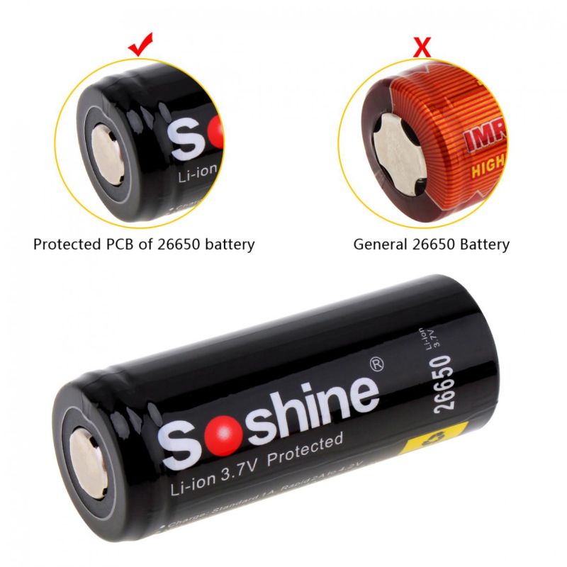 Soshine 26650 5500mAh Li-ion oppladbart batteri 3.7V 2 pakke for lommelykter med PCB beskyttelse