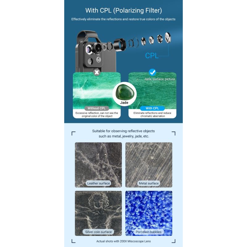 APEXEL 200X mikroskoplinse CPL LED lys for iPhone Samsung høyoppløselig mobilfotografi bærbart lettvekt