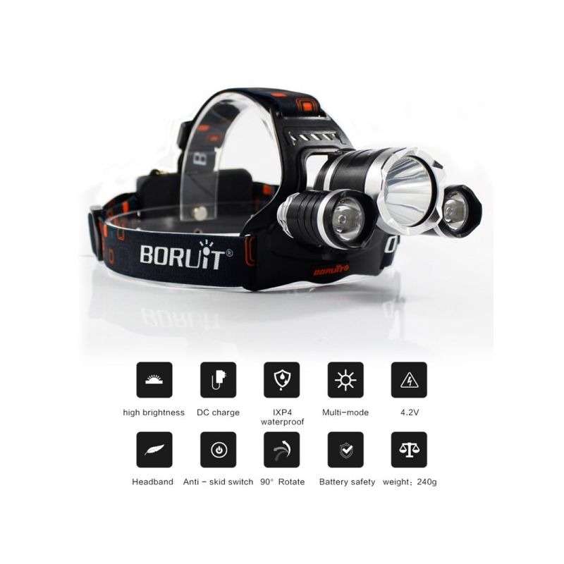 Boruit RJ-3000 LED-hodelykt 1000 lumen vanntett eventyrutstyr T6 hvitt lys XPE R5 grønt lys for camping