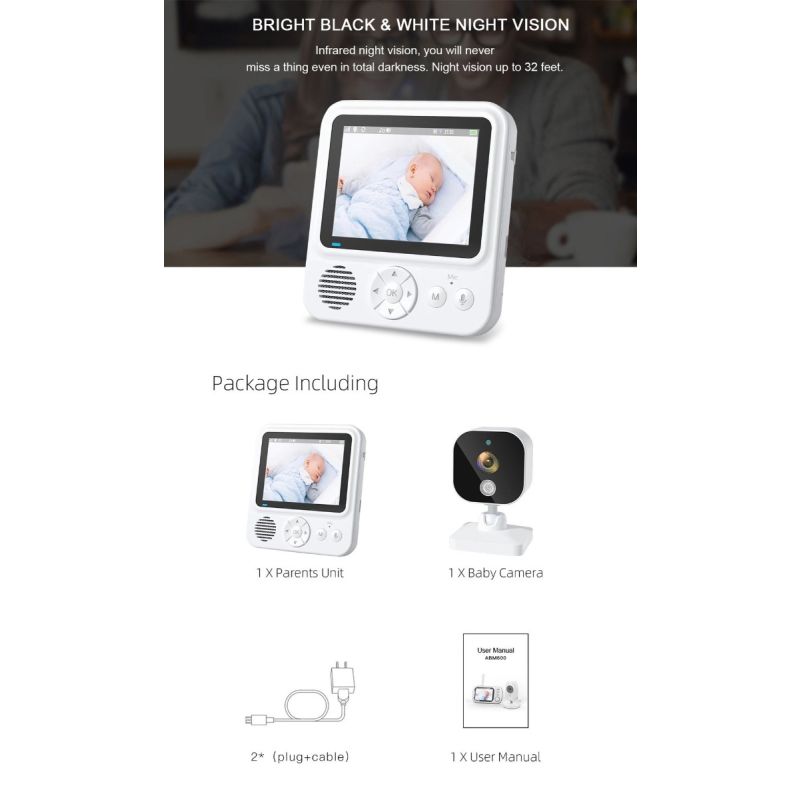AMB900 2,8 tommers video babymonitor 720P babykamera med 4X zoom IPS-skjerm nattsyn og toveis intercom
