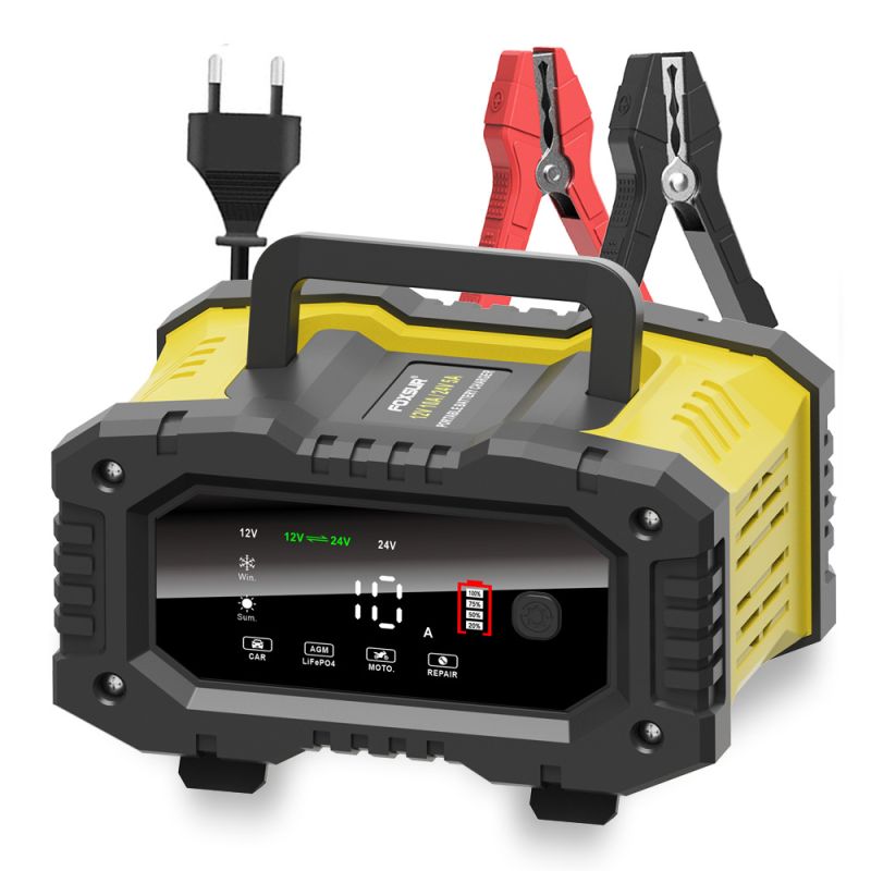 FOXSUR Bærbar bilbatterilader med mikroprosessorkontroll for 12V 24V AGM LiFePO4 Blysyrebatterier Motorsykkelbatteri