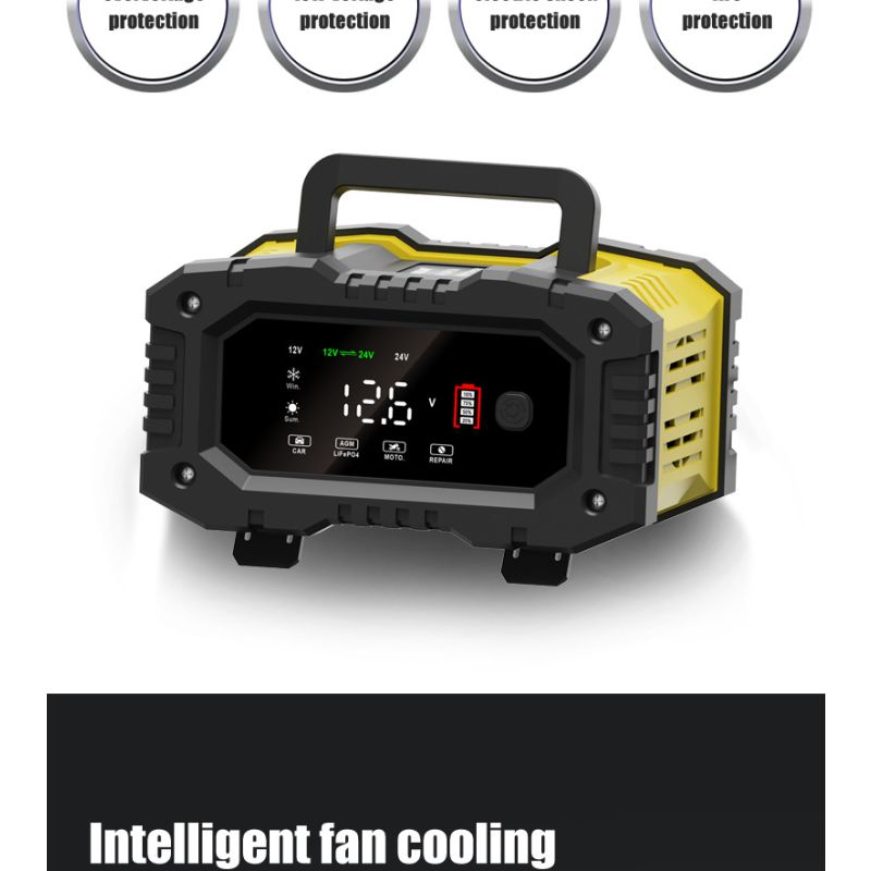 FOXSUR Bærbar bilbatterilader med mikroprosessorkontroll for 12V 24V AGM LiFePO4 Blysyrebatterier Motorsykkelbatteri