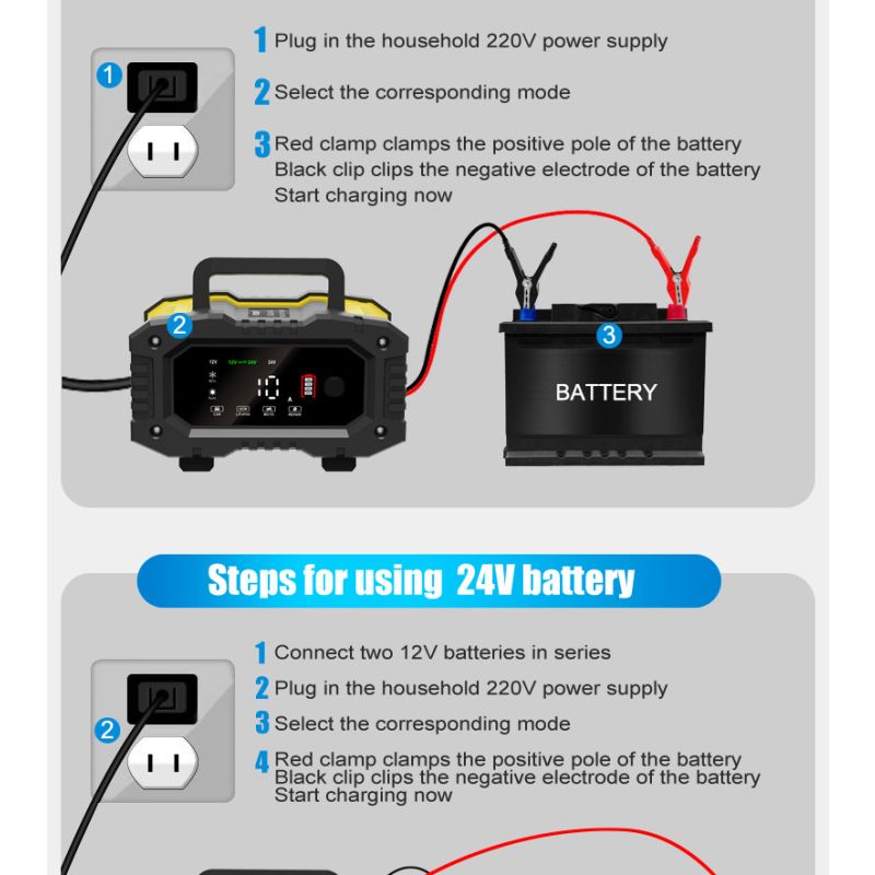 FOXSUR Bærbar bilbatterilader med mikroprosessorkontroll for 12V 24V AGM LiFePO4 Blysyrebatterier Motorsykkelbatteri