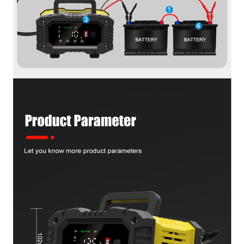 FOXSUR Bærbar bilbatterilader med mikroprosessorkontroll for 12V 24V AGM LiFePO4 Blysyrebatterier Motorsykkelbatteri
