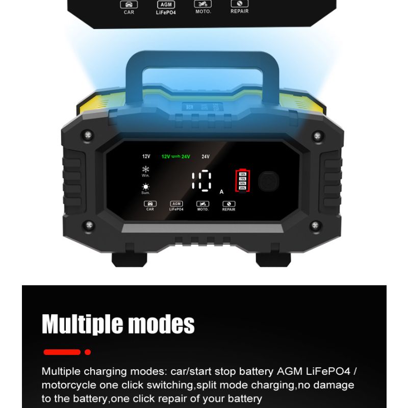 FOXSUR Bærbar bilbatterilader med mikroprosessorkontroll for 12V 24V AGM LiFePO4 Blysyrebatterier Motorsykkelbatteri
