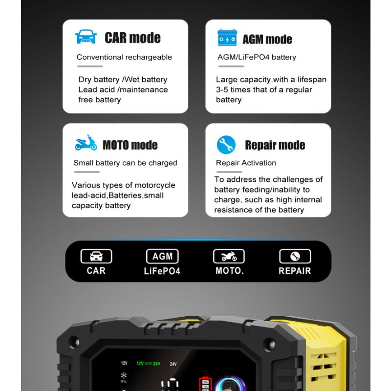 FOXSUR Bærbar bilbatterilader med mikroprosessorkontroll for 12V 24V AGM LiFePO4 Blysyrebatterier Motorsykkelbatteri